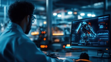 robot assistant appears next to a worker in a futuristic factory, showcasing high-tech automation and advanced robotics within an innovative manufacturing environment.