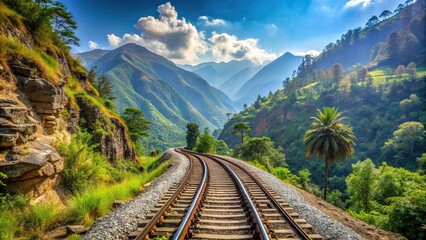 Fototapeta premium Wide angle shot of Indian railway trains winding through mountain landscape