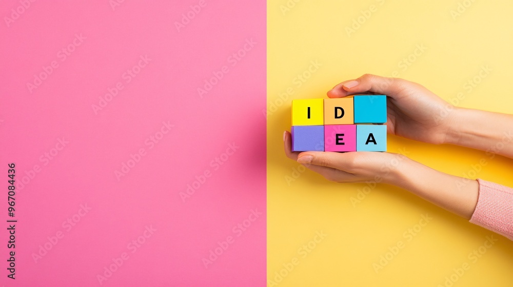 Poster creative hands holding colorful idea blocks - minimalistic conceptual image featuring i d e a on sol