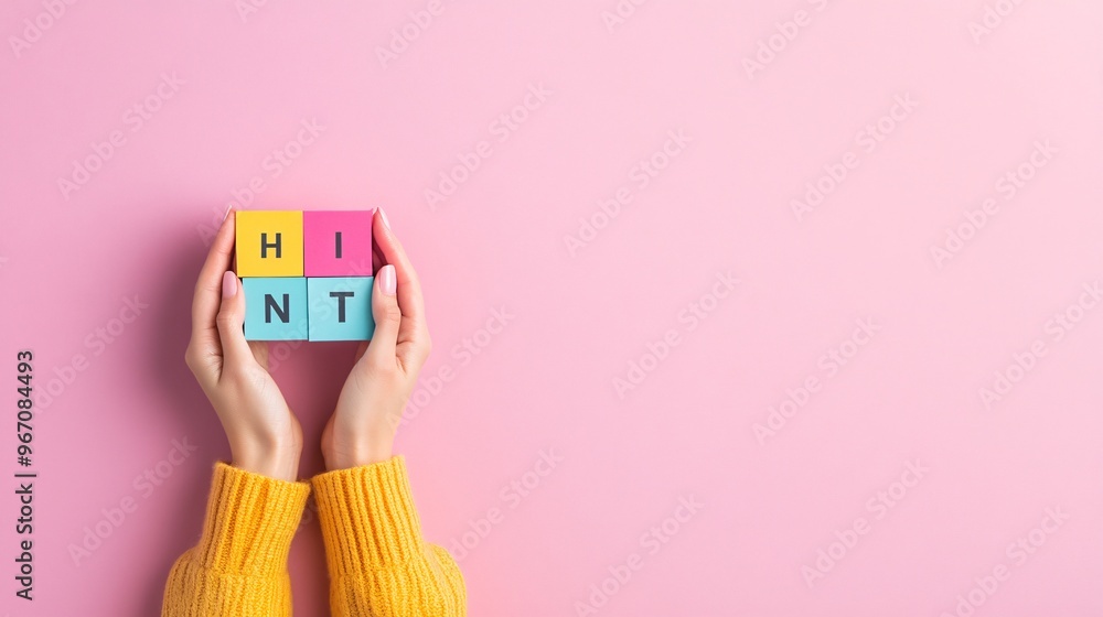 Poster minimalist hands holding colorful paper blocks with hint text - creative concept for communication l