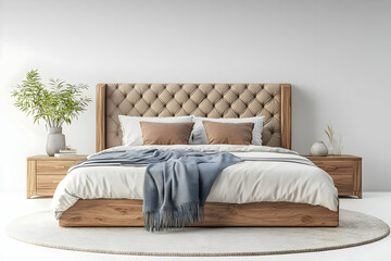 Modern Bedroom Interior Design: King-Size Bed, Wooden Bed Frame, Tufted Headboard