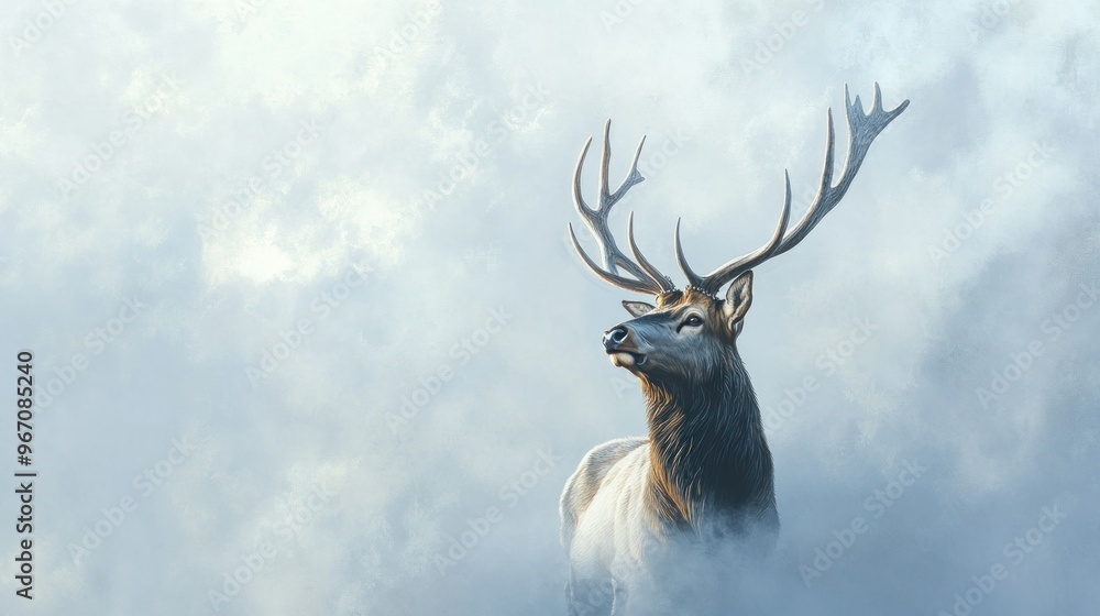 Sticker majestic elk standing in a misty meadow