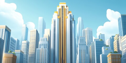 An Art Deco skyscraper with symmetrical lines and gold accents, standing out in the cityscape 