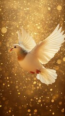 Obraz premium Divine Radiance: Majestic White Dove Soaring in Golden Sunlit Sky. Symbolic Panoramic Banner for Faith, Freedom, and Peace. Inspirational 4K Wallpaper for Cultural Campaigns and Spiritual Promotions.