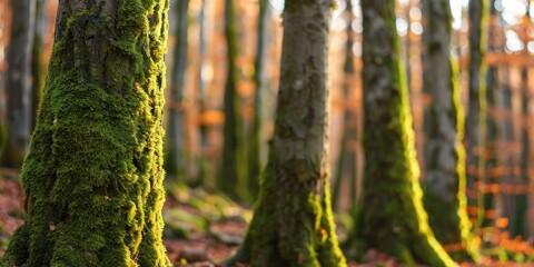 Obraz premium Green mossy tree trunks in autumn forest with shallow depth of field