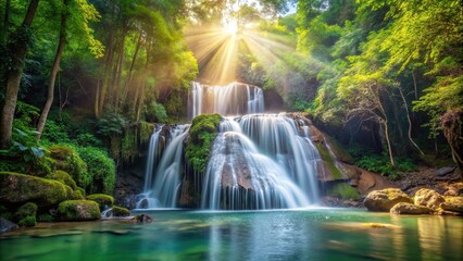 Fototapeta premium Wide-angle crystal clear cascading waterfall with mist in rainforest morning light, copy space