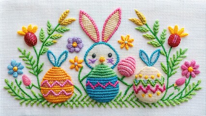 Wide-Angle Easter embroidery pattern on white fabric with copy space