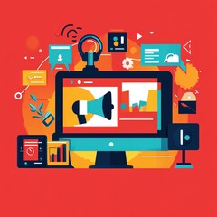 Colorful digital marketing illustration featuring a computer, speaker, and various icons representing online communication.