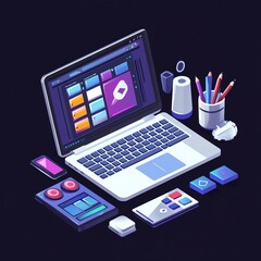 An artistic workspace featuring a laptop, mobile device, and creative tools showcasing a vibrant digital environment.