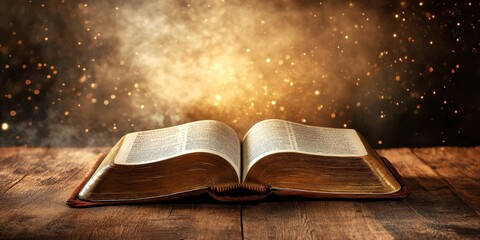 An open Bible on a wooden table, illuminated by a soft, divine glow 