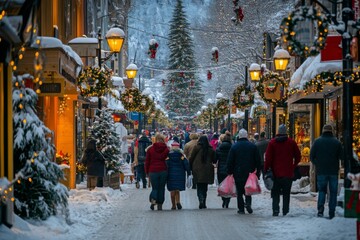 Obraz premium Snowy Christmas Street with People Walking and Decorated Buildings