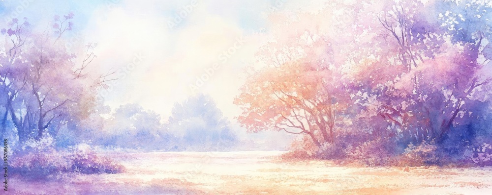 Aufkleber a serene landscape with soft pastel colors, featuring trees and a peaceful water view, creating a tr