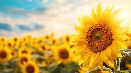 Fototapeta premium A large sunflower in a field with blue sky and clouds, AI