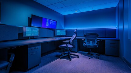 Modern office workspace with sleek design and ambient blue lighting.