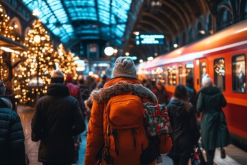 Naklejka premium Person in Orange Jacket with a Backpack and a Gift, Walking Through a Crowded Train Station with a Christmas Tree in the Background