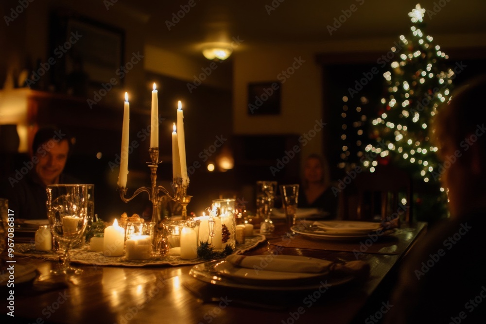 Poster a candlelit table setting with a blurred christmas tree in the background