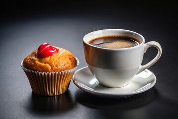 Wide-Angle Hot coffee cup with red lipstick and muffin on black