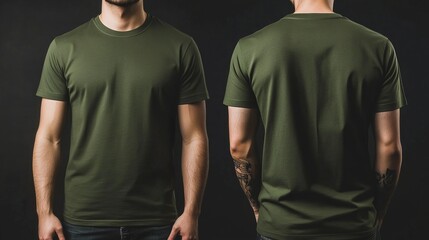 Green t-shirt mockup on a male model, front and back views.