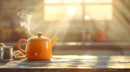 An orange enamel teapot emits steam while sitting on a rustic wooden table, bathed in warm sunlight streaming through a kitchen window.