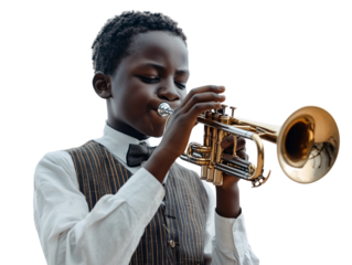 a boy playing a trumpet