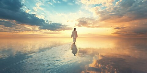 Jesus walking on the calm ocean waters under a serene sky, clouds parting above him