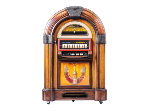 a wooden jukebox with buttons and knobs