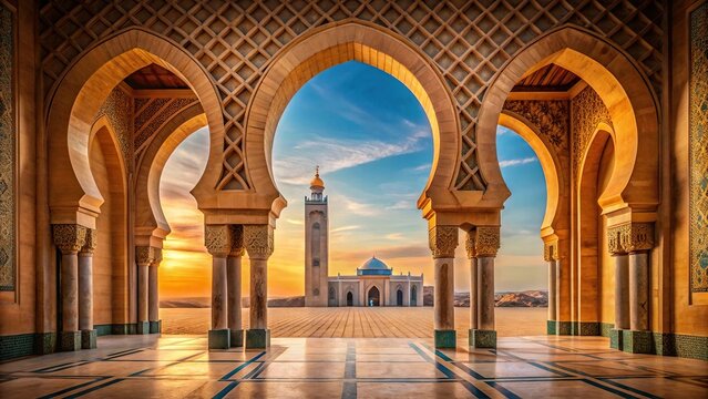 Wide-angle Moroccan arch Mosque with desert background