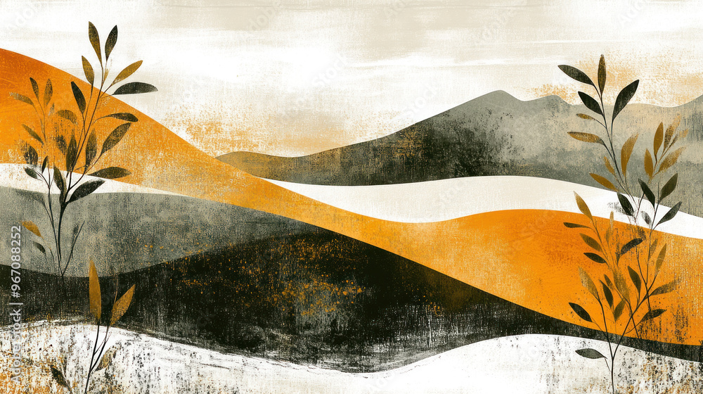 Aufkleber a painting of a mountain range with trees and a sky. the mountains are covered in trees and the sky 