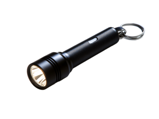 a black flashlight with a key chain