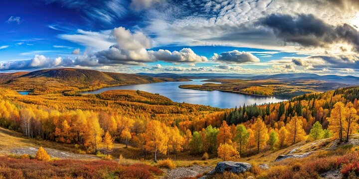 Wide-angle panorama of northern autumn nature in Murmansk region Apatity