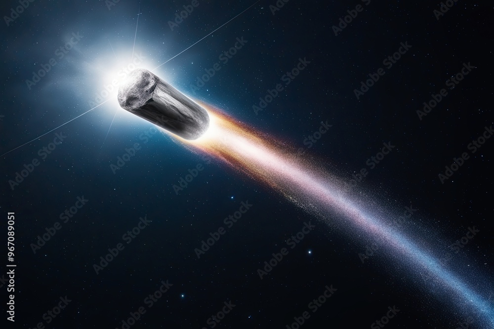 Poster a stunning silver meteor with a shimmering multicolored tail falling through the starry expanse