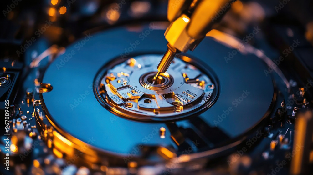 Poster a close up of a disk drive with a person poking at it. the disk drive is blue and the person is usin