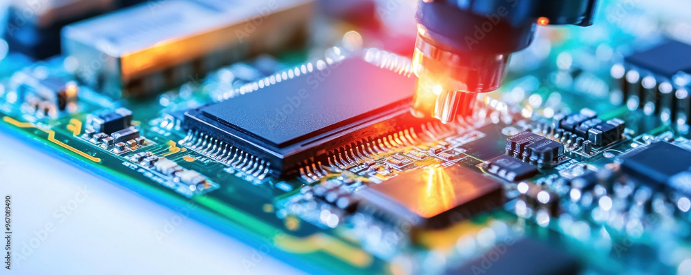 Aufkleber a computer chip is being soldered onto a circuit board. concept of precision and technical expertise