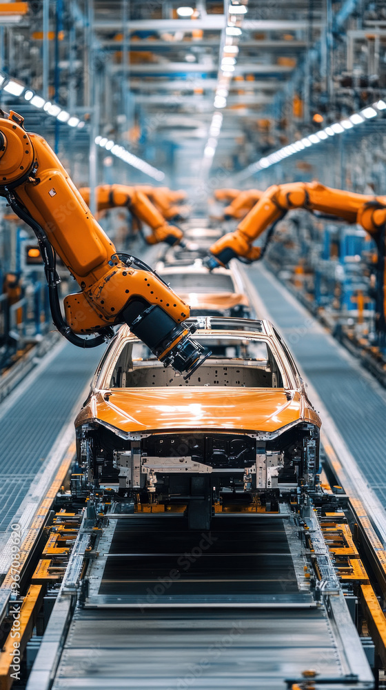 Poster a line of robots are working on a car in a factory. the robots are orange and are working on the car
