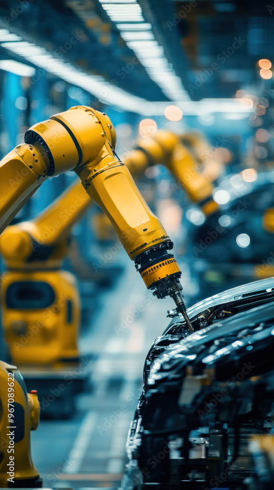 Poster a yellow robot is working on a car in a factory. the robot is in the middle of the image and is surr