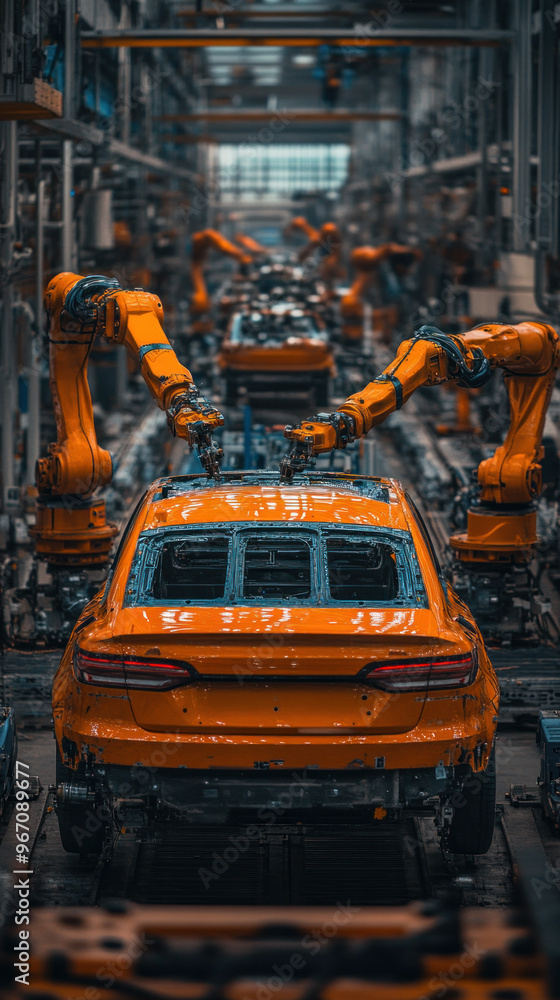 Poster a car is being built in a factory with many robotic arms. the car is orange and he is in the middle 