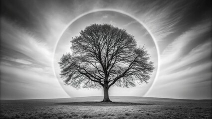 Wide-angle shot of a black and white tree surrounded by leaves in a circle