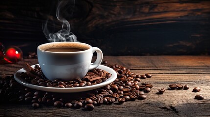 Steaming cup of coffee on rustic wood background with cinnamon and coffee beans