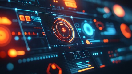 Futuristic digital interface featuring vivid blue and orange glowing elements.