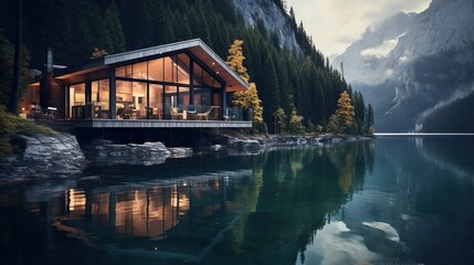 Obraz premium Modern cabin house with lake and mountain view reflection. Concept of luxury, nature, getaway, and escape