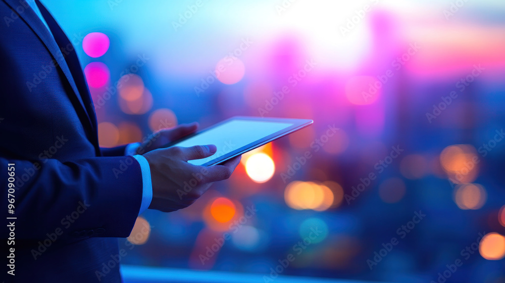 Aufkleber a man in a suit holding a tablet in front of a city skyline. concept of modernity and technology, as