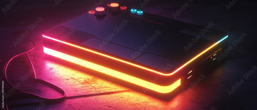 Poster a neon colored video game controller sits on a table