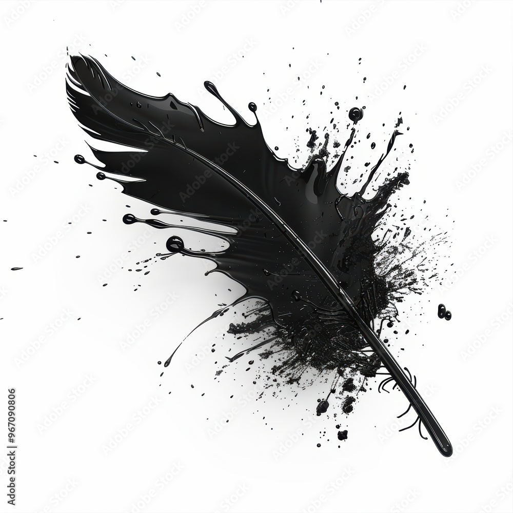 Poster feather splashed with black ink and splatter on white background with grunge design and splatter tex