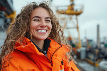 Smiling female worker in orange jacket standing in an industrial setting, outdoors near machinery, looking confident and cheerful
