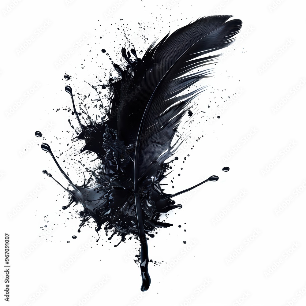 Poster feather splashed with black ink and splatter on white background with grunge design and splatter tex