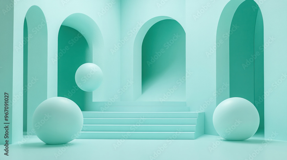 Poster a green room with three spheres and a staircase. the spheres are placed in a way that they appear to