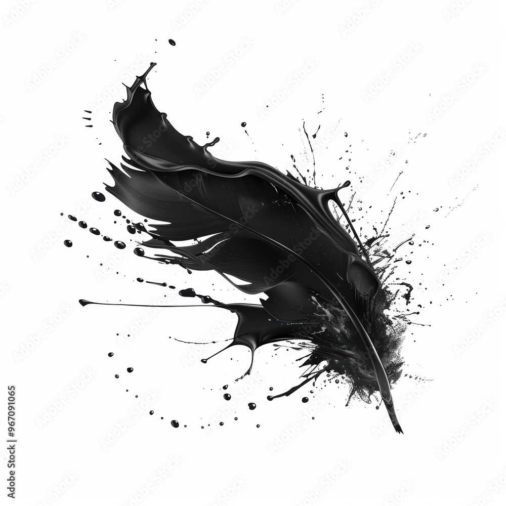 Aufkleber feather splashed with black ink and splatter on white background with grunge design and splatter tex