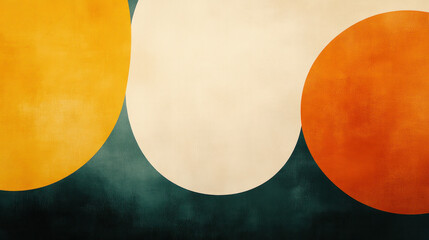 A painting of three circles in different colors, with one of them being orange. The painting has a vintage feel to it, and the colors seem to be somewhat muted