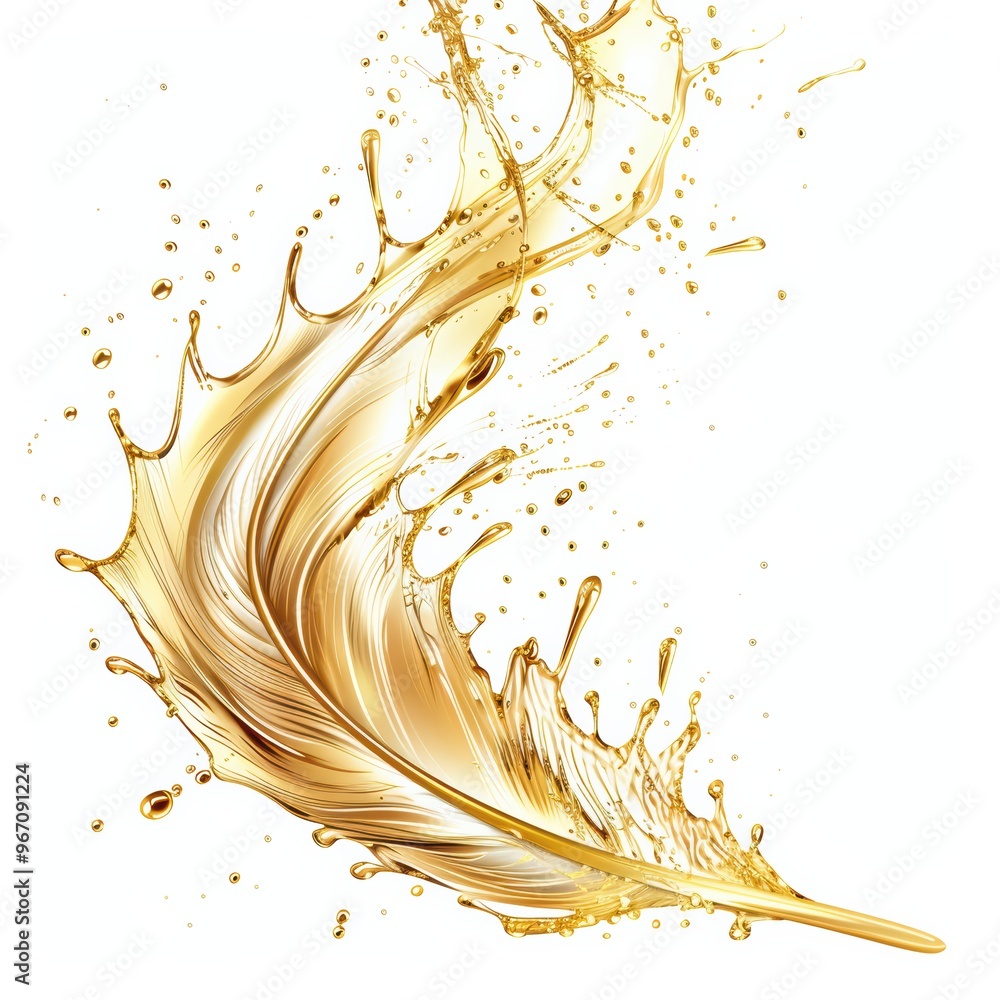 Poster Ink splash on feather on white background with abstract splatter pattern in golden yellow shades, combined with grunge floral patterns and decorative elements.