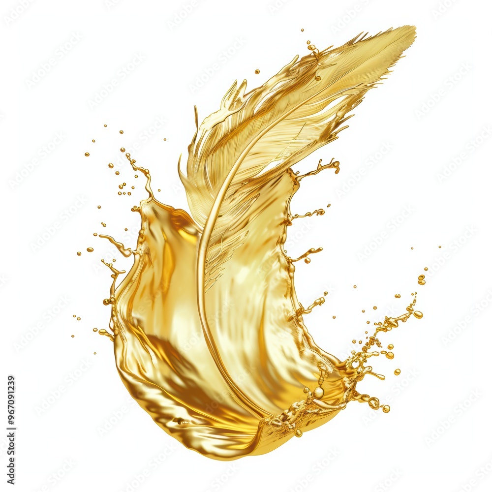 Poster ink splash on feather on white background with abstract splatter pattern in golden yellow shades, co